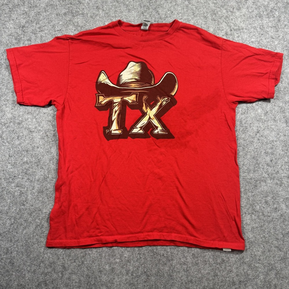 Gildan Heavy Cotton Texas Cowboy Hat‎ Graphic Tee Youth XL Red TX Western Shirt